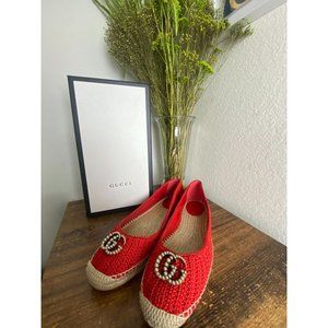Gucci Red Lilibeth Crochet Pearl Espadrilles Flats